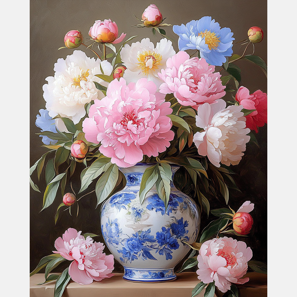 Peonies And Porcelain Paint by Numbers Kit design preview showing the full artwork layout before painting