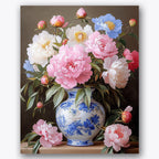 Paint by numbers design of peonies, blue vase, vibrant peony blooms, blue and white vase