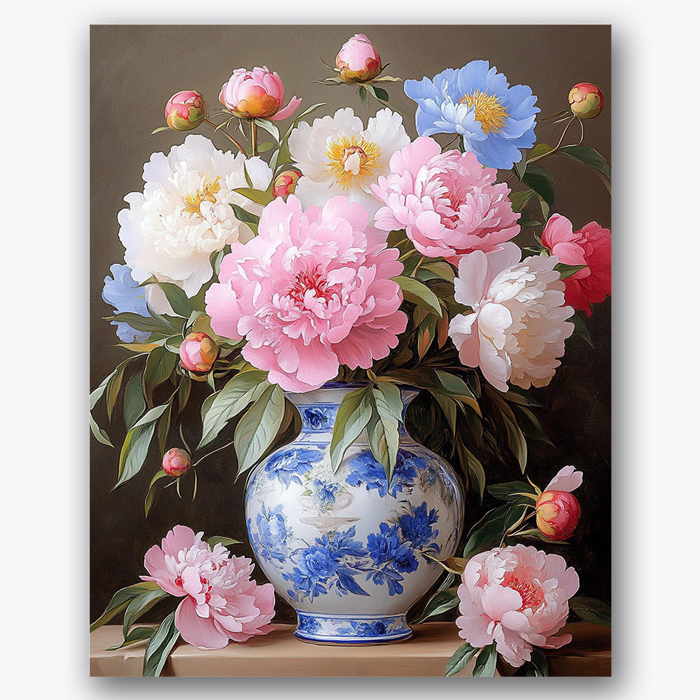 Paint by numbers design of peonies, blue vase, vibrant peony blooms, blue and white vase