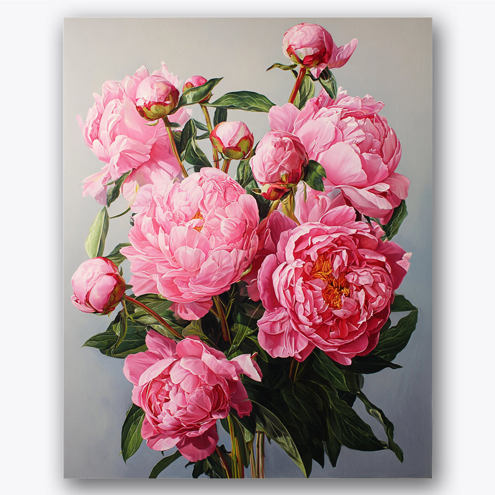 Paint by numbers design of peonies, leaves, vibrant pink petals, lush green leaves
