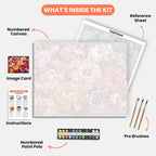 Peony Bloom Paint by Numbers Kit – includes numbered canvas, paint pots, brushes, and instructions