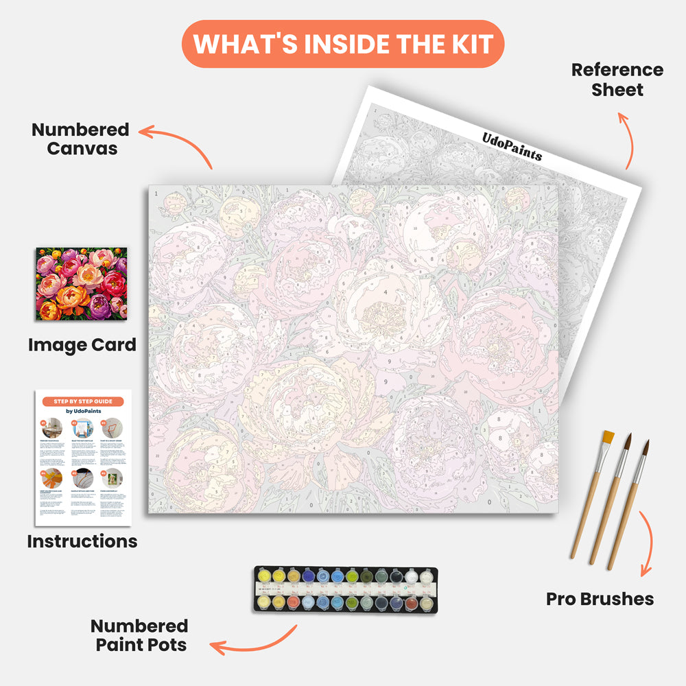 Peony Bloom Paint by Numbers Kit – includes numbered canvas, paint pots, brushes, and instructions