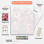 Peony Bouquet Paint by Numbers Kit – includes numbered canvas, paint pots, brushes, and instructions