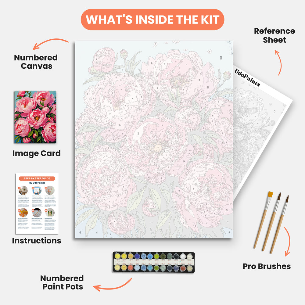 Peony Bouquet Paint by Numbers Kit – includes numbered canvas, paint pots, brushes, and instructions