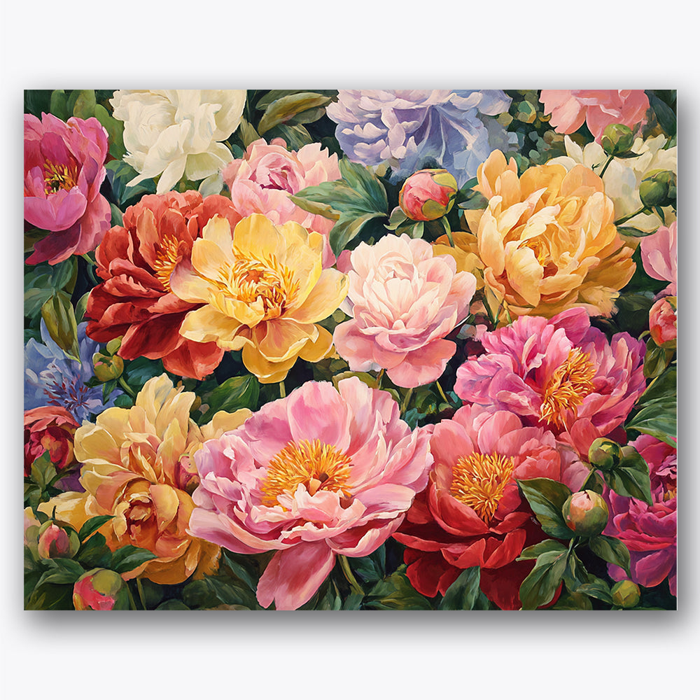 Paint by numbers design of peonies, foliage, vibrant peonies, lush foliage
