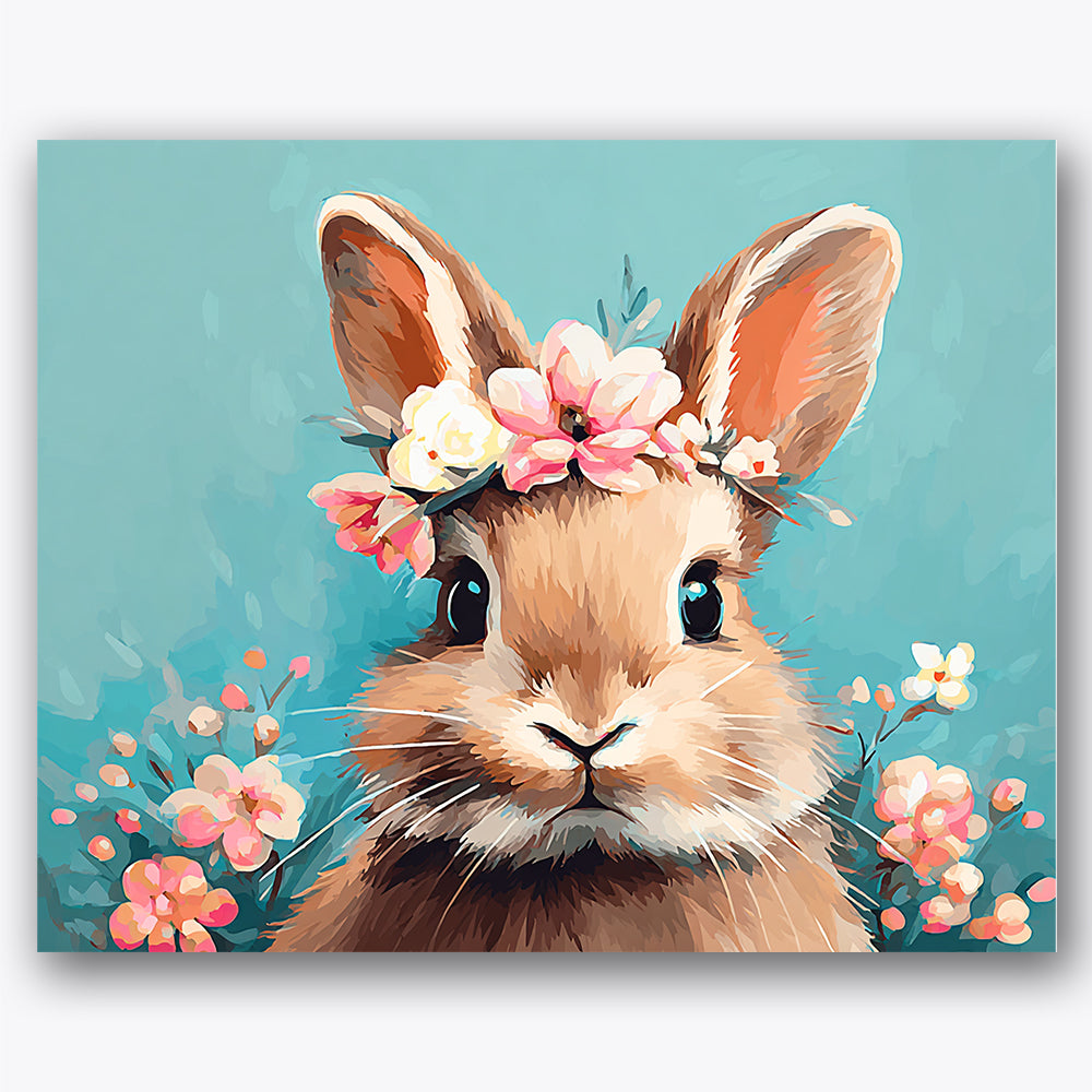 Paint by numbers design of bunny, floral crown, bunny with floral crown, soft blue background