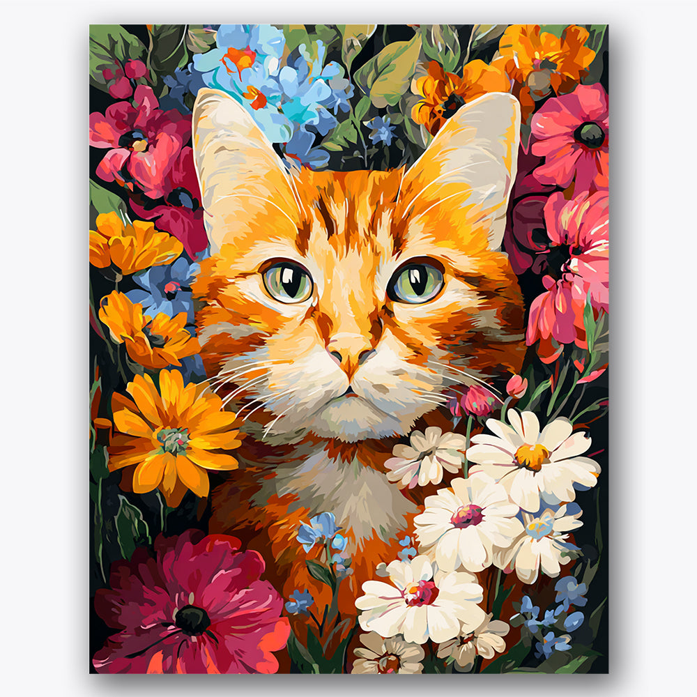 Paint by numbers design of orange tabby cat, vibrant flowers, orange tabby cat, vivid flower colors