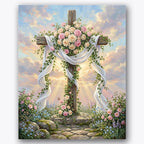 Paint by numbers design of cross, roses, wooden cross, pink and white roses, A cross entwined with roses and foliage