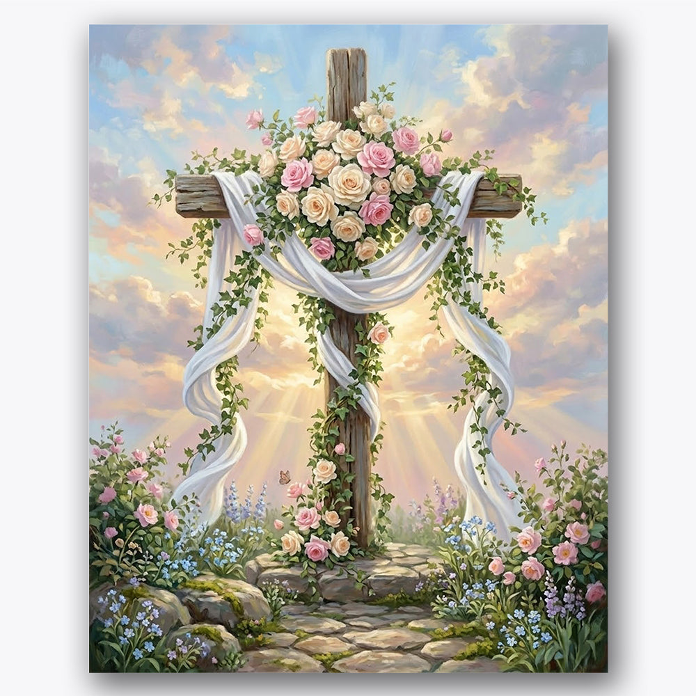 Paint by numbers design of cross, roses, wooden cross, pink and white roses, A cross entwined with roses and foliage