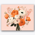 Paint by numbers design of ranunculus bouquet, delicate foliage, peach ranunculus, soft pink background