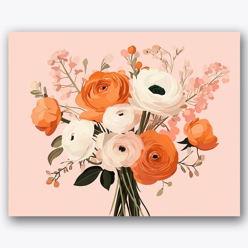 Paint by numbers design of ranunculus bouquet, delicate foliage, peach ranunculus, soft pink background