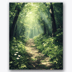 Paint by numbers design of forest path, wildflowers, sunlight filtering through trees, wildflowers lining the path