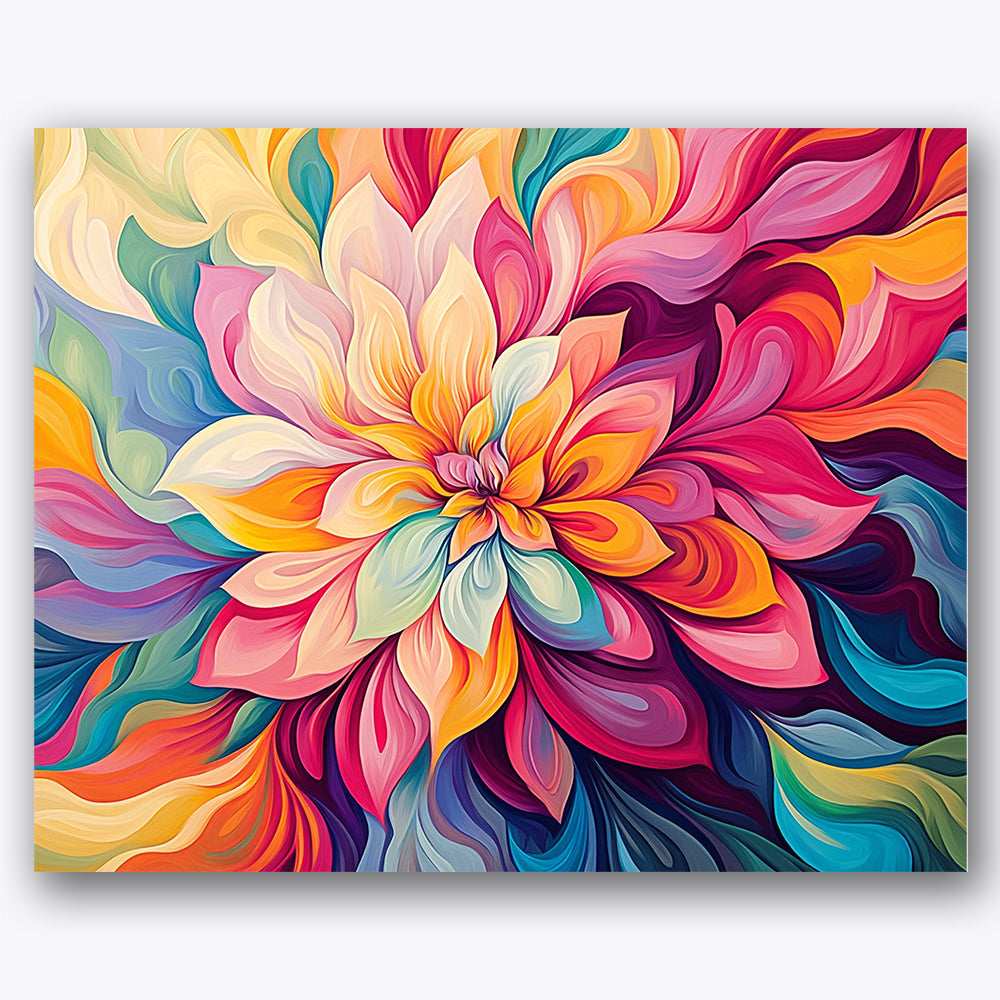 Paint by numbers design of petals, color gradients, swirling petal shapes, vivid color gradients