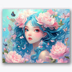 Paint by numbers design of young woman, blossoms and butterflies, blue hair with flowers, soft pink peonies