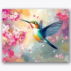 Paint by numbers design of hummingbird, cherry blossoms, vivid hummingbird colors, pink cherry blossoms