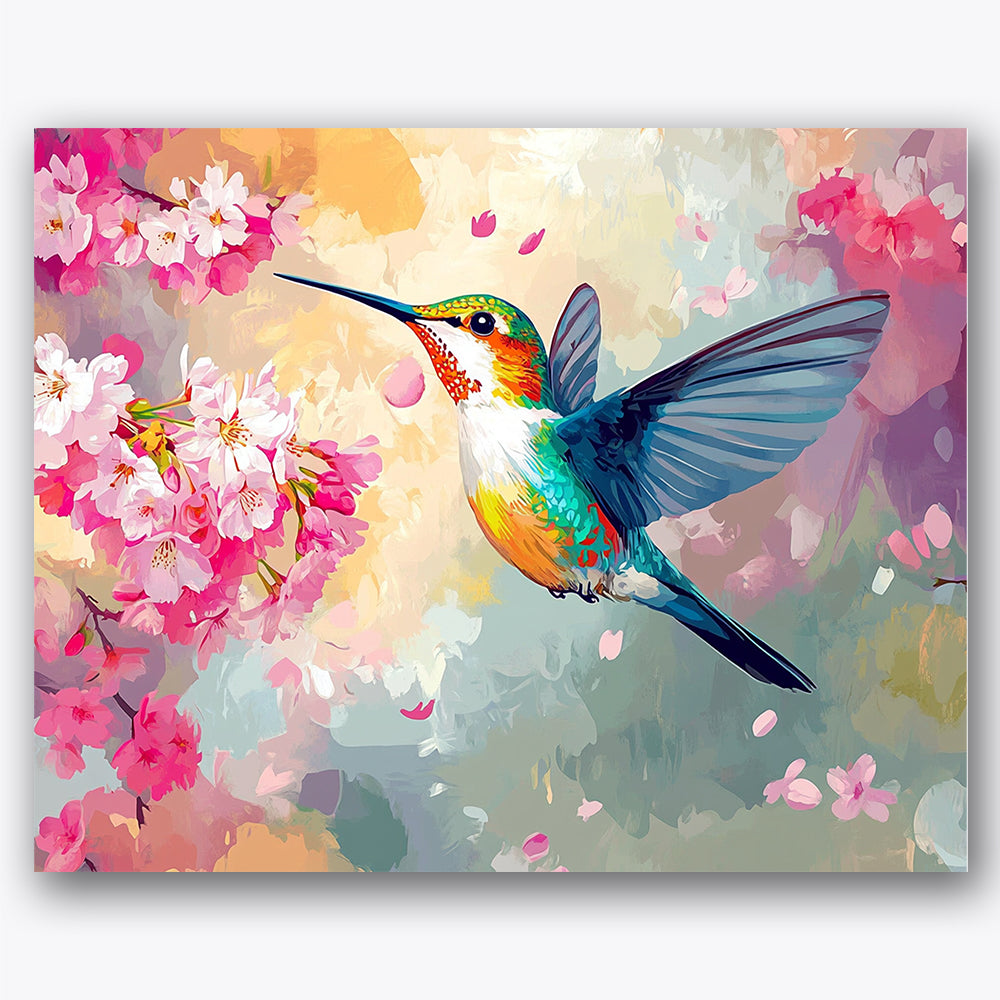 Paint by numbers design of hummingbird, cherry blossoms, vivid hummingbird colors, pink cherry blossoms