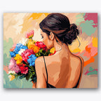 Paint by numbers design of woman, colorful flowers, woman with an updo, colorful flower bouquet, A woman with an updo