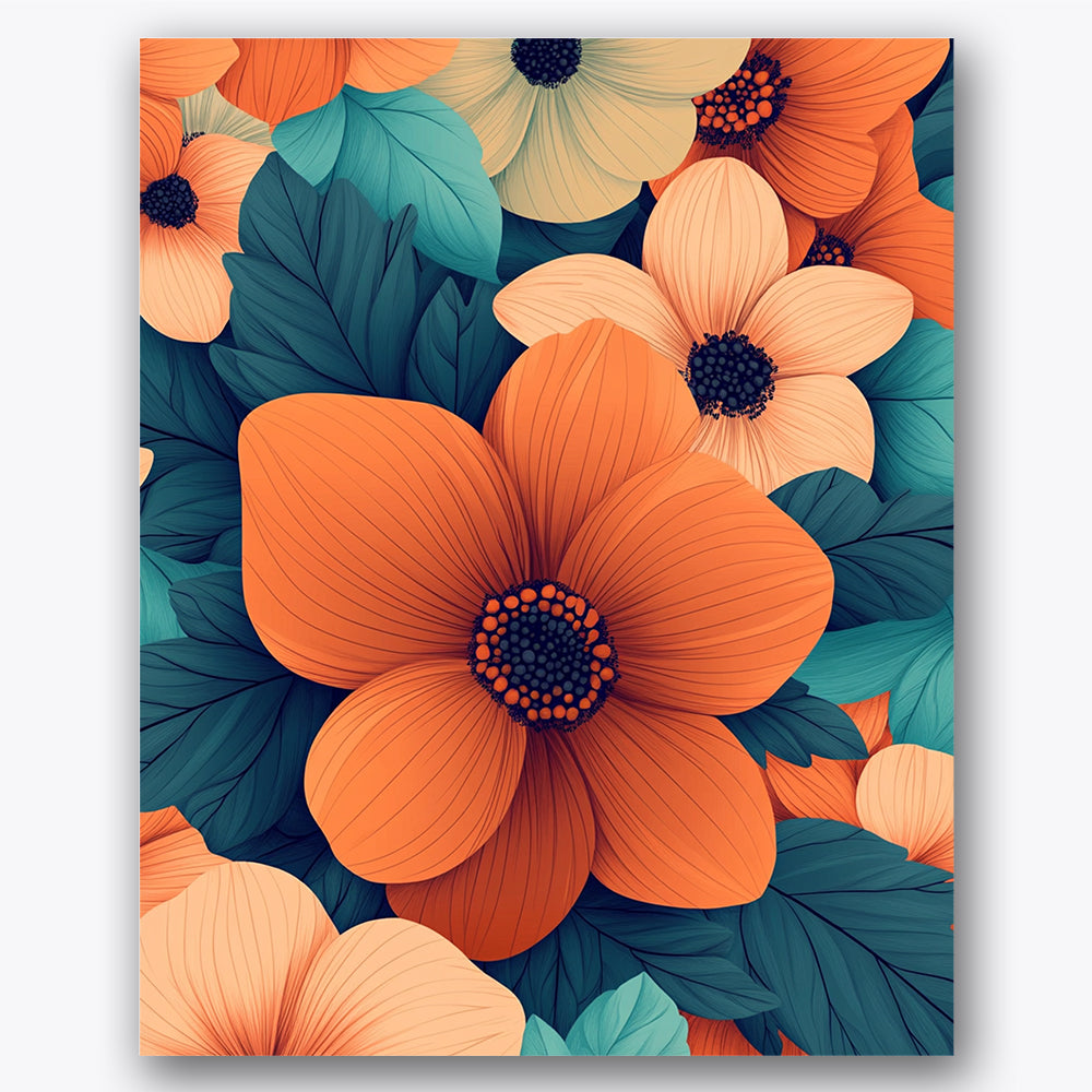 Paint by numbers design of orange flowers, teal leaves, orange blossoms with veins, dark teal leaf clusters