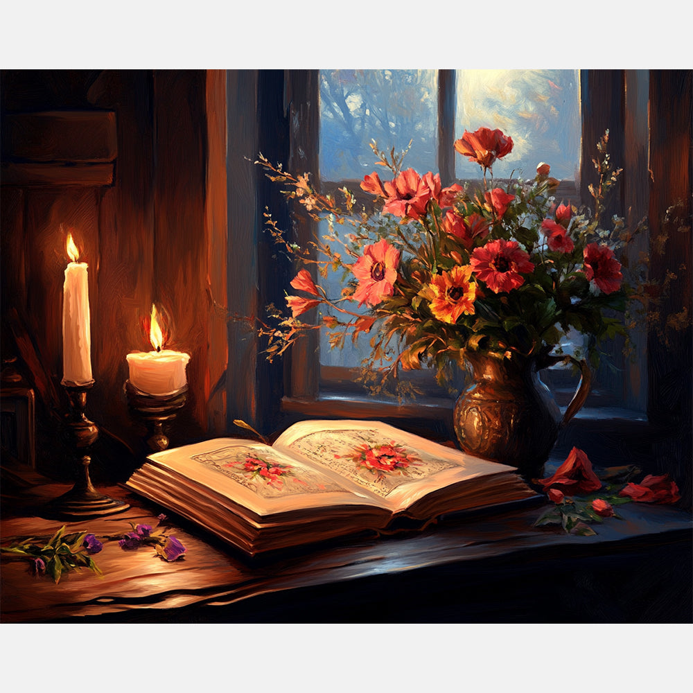 Petals And Pages Paint by Numbers Kit design preview showing the full artwork layout before painting