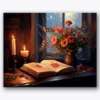 Paint by numbers design of book, flowers, glowing candles, bright flowers in vase