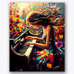 Paint by numbers design of woman, piano, flowing hair with butterflies, colorful floral motifs