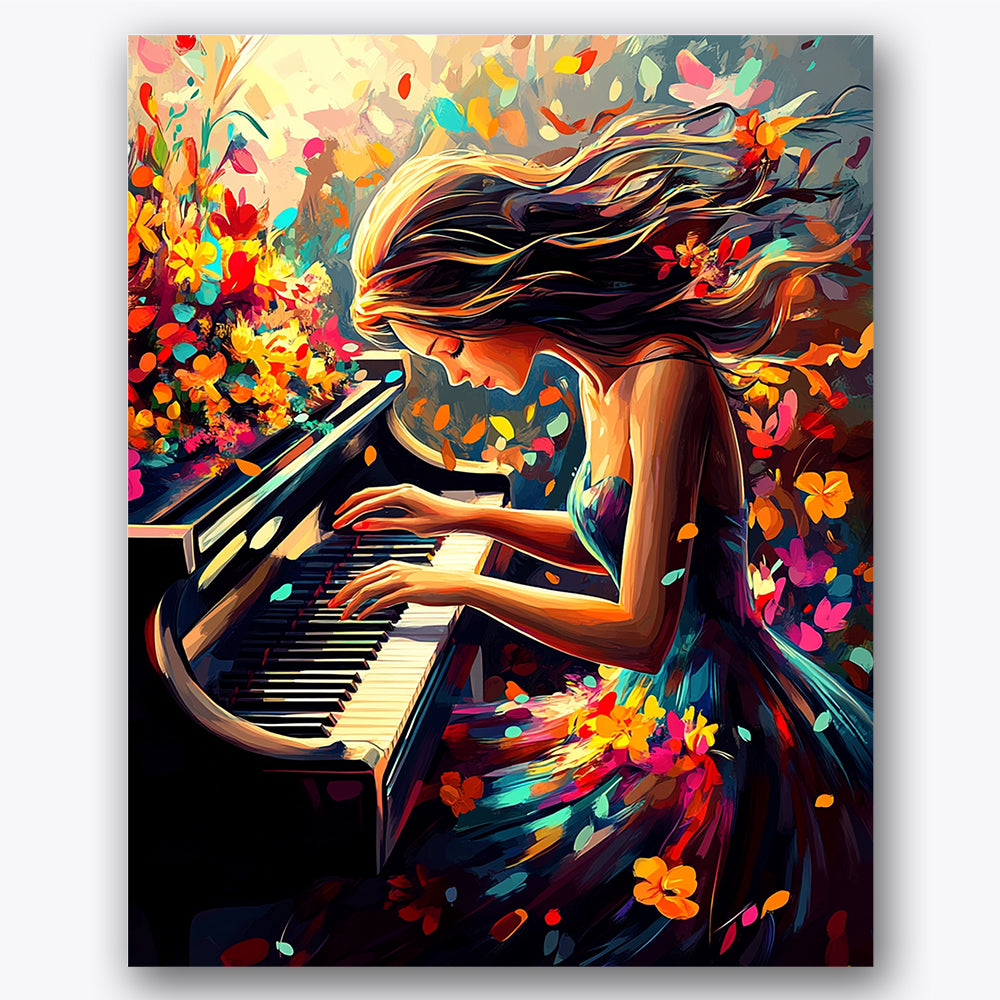 Paint by numbers design of woman, piano, flowing hair with butterflies, colorful floral motifs