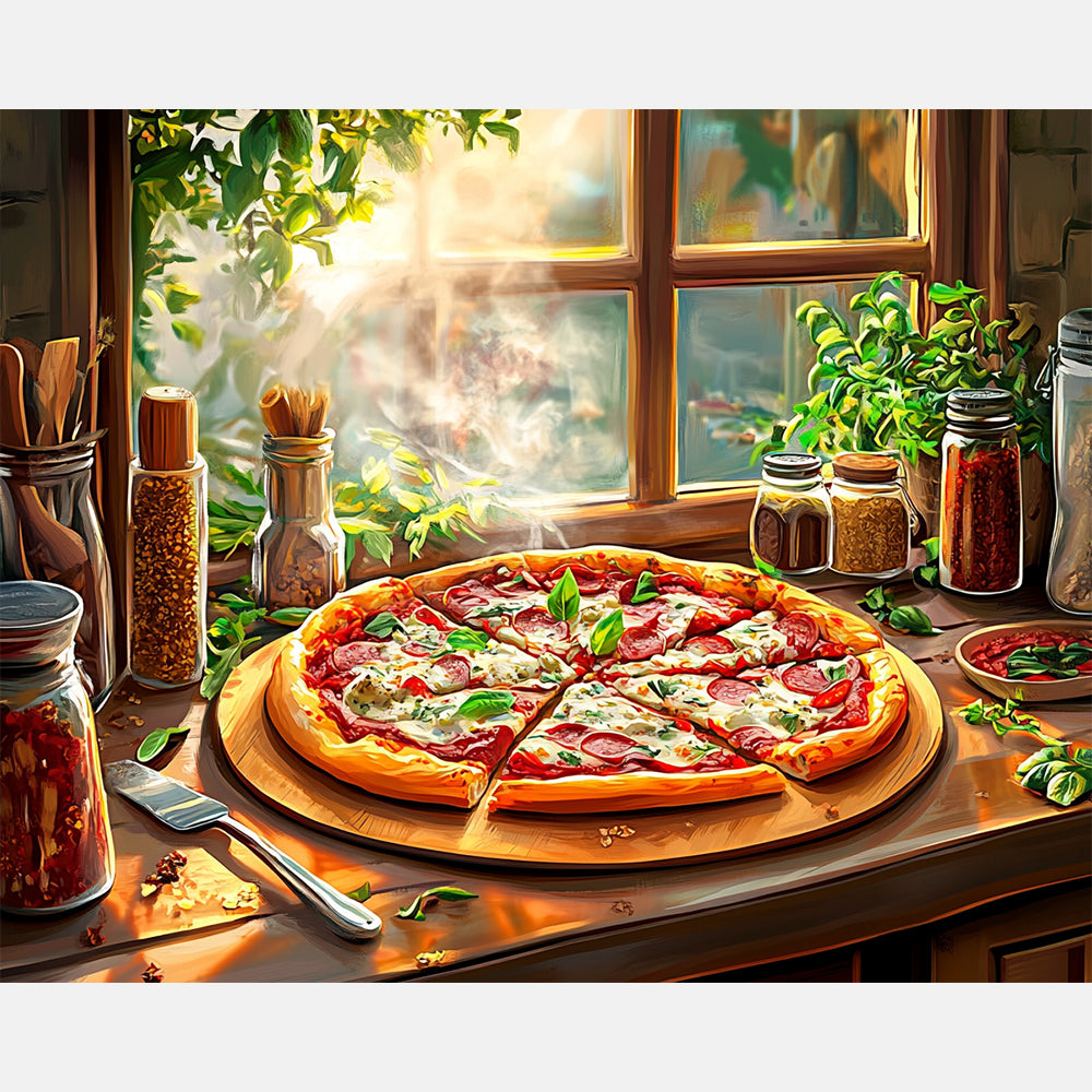 Pizza By Window Paint by Numbers Kit design preview showing the full artwork layout before painting