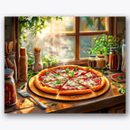 Paint by numbers design of pizza, window herbs, steaming pizza, sunlit window