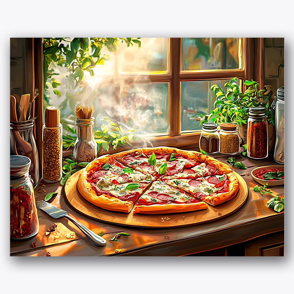 Paint by numbers design of pizza, window herbs, steaming pizza, sunlit window