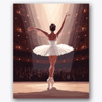 Paint by numbers design of ballerina, theater audience, ballerina in white tutu, spotlight illumination