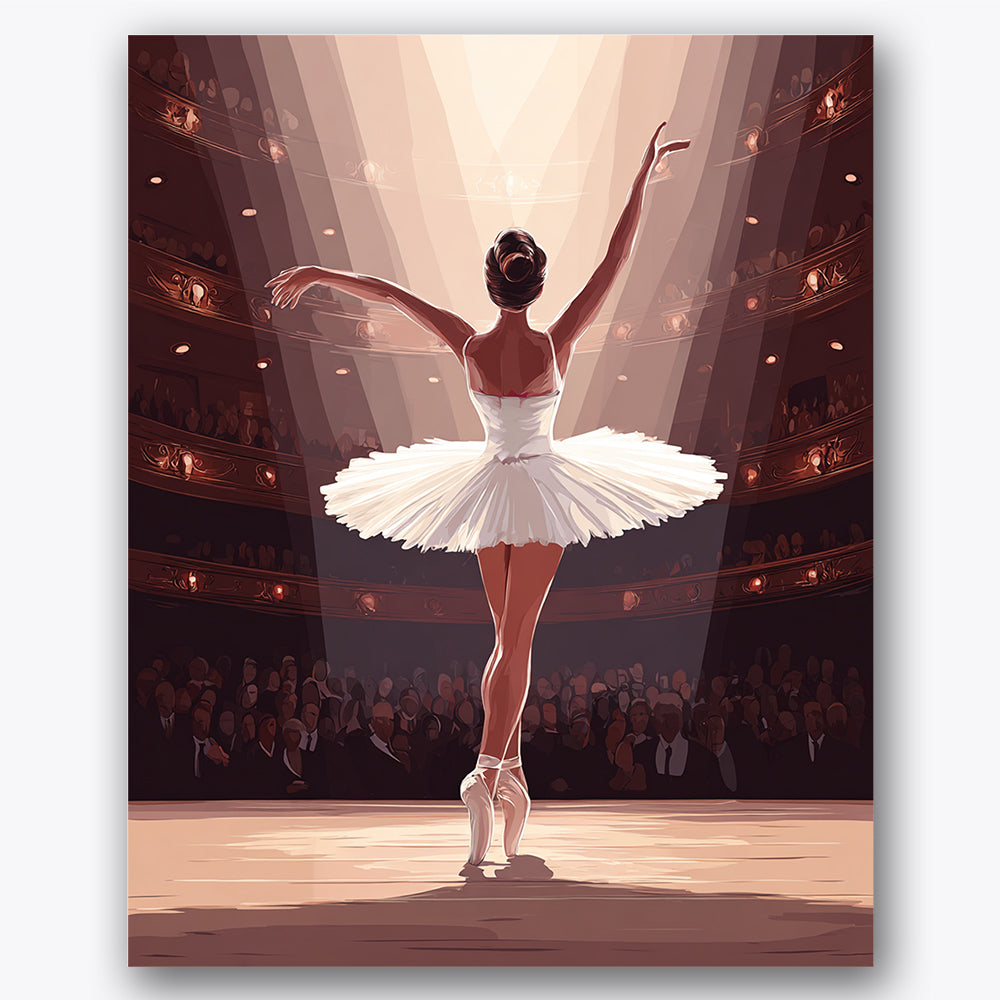 Paint by numbers design of ballerina, theater audience, ballerina in white tutu, spotlight illumination