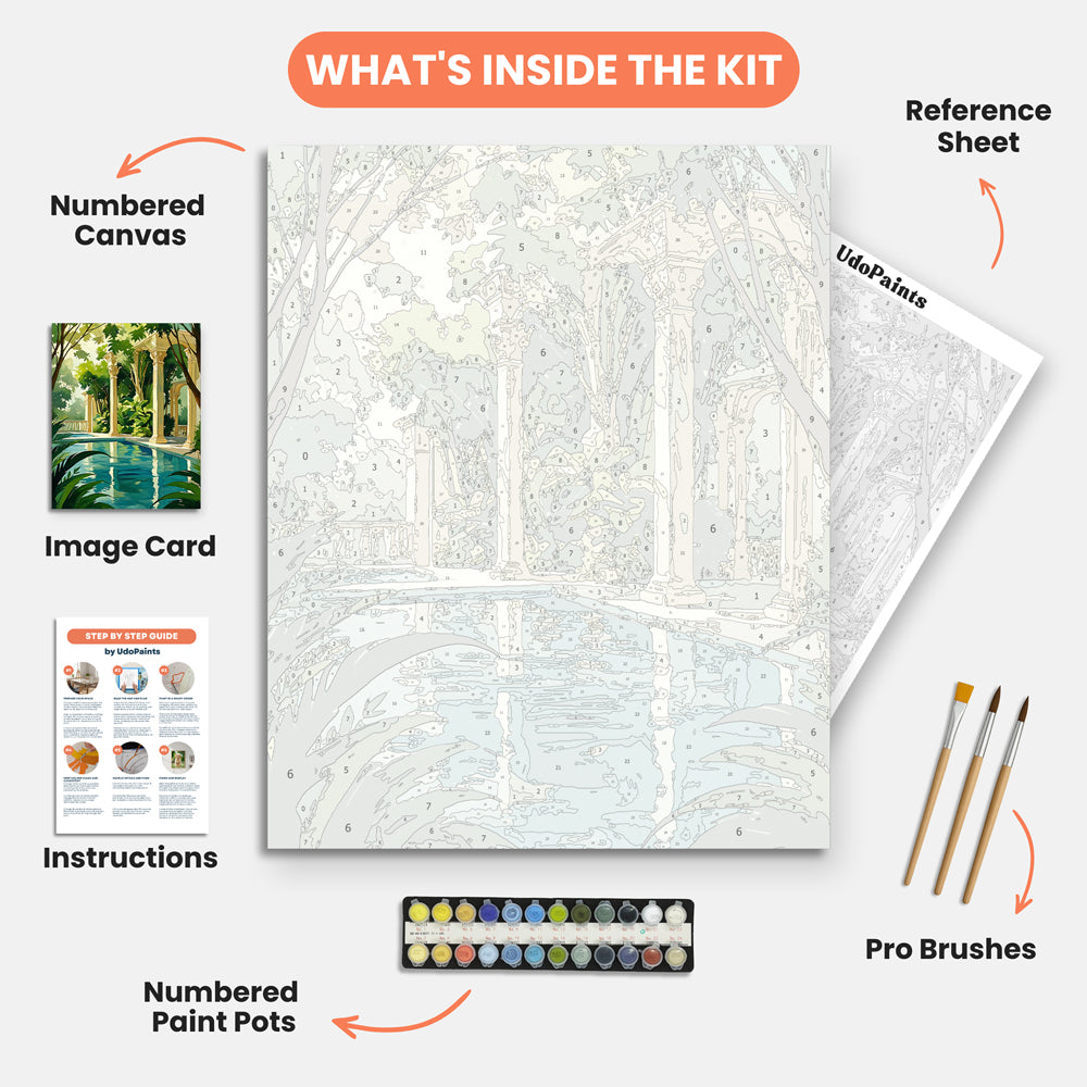 Poolside Oasis Paint by Numbers Kit – includes numbered canvas, paint pots, brushes, and instructions