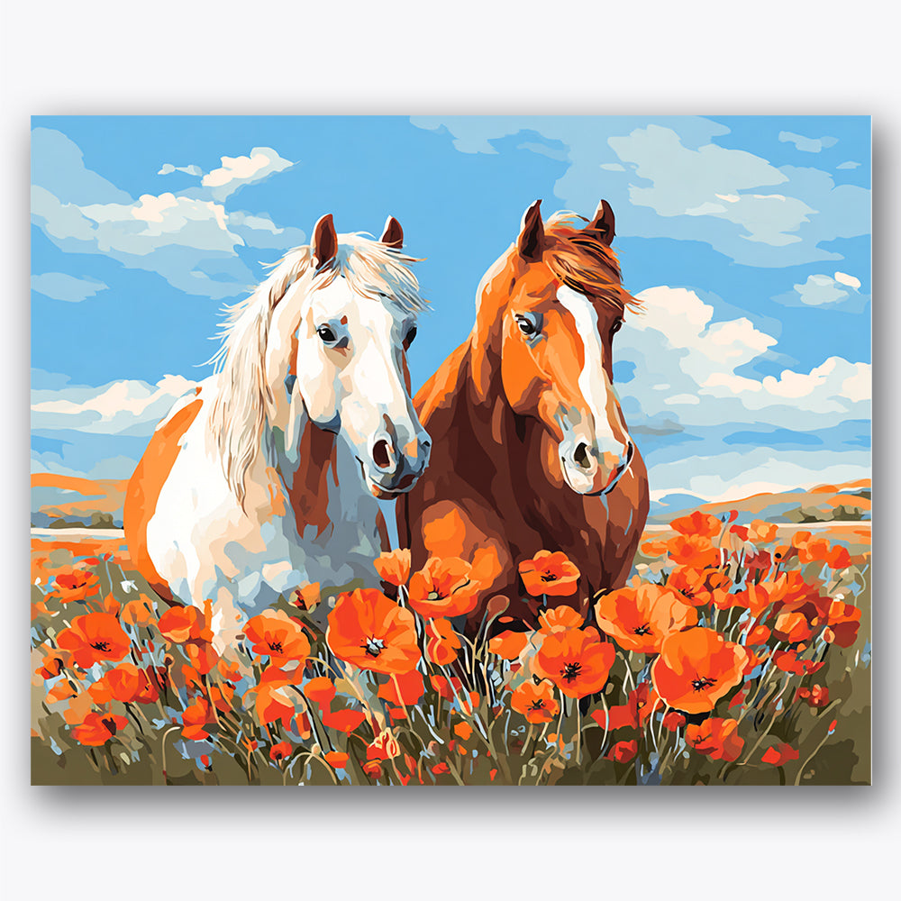 Paint by numbers design of horses, poppies, two distinct horses, vibrant orange poppies