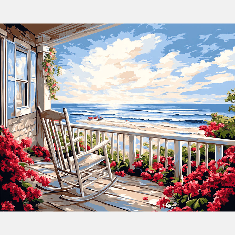Porchside Ocean Escape Paint by Numbers Kit design preview showing the full artwork layout before painting