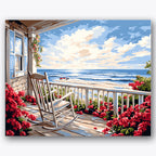 Paint by numbers design of rocking chair, ocean, wooden rocking chair, ocean waves, A cozy porch overlooking the ocean