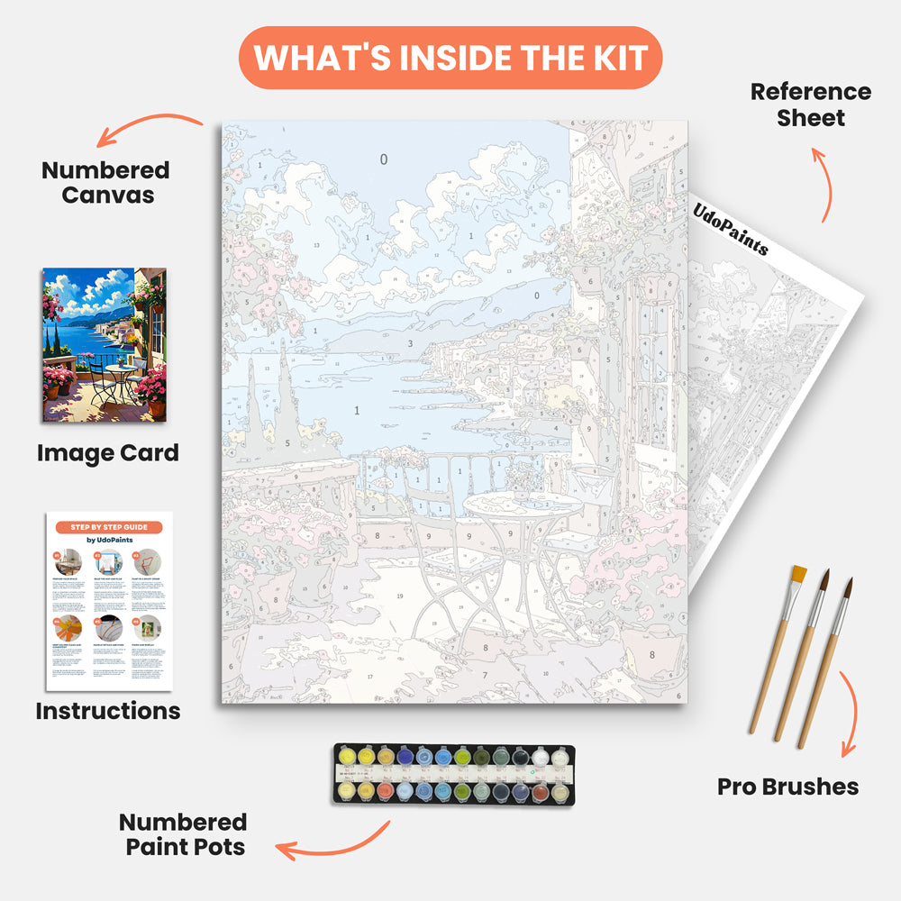 Harbor Balcony Vista Paint by Numbers Kit – includes numbered canvas, paint pots, brushes, and instructions