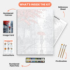 Autumn's Solitude Paint by Numbers Kit – includes numbered canvas, paint pots, brushes, and instructions