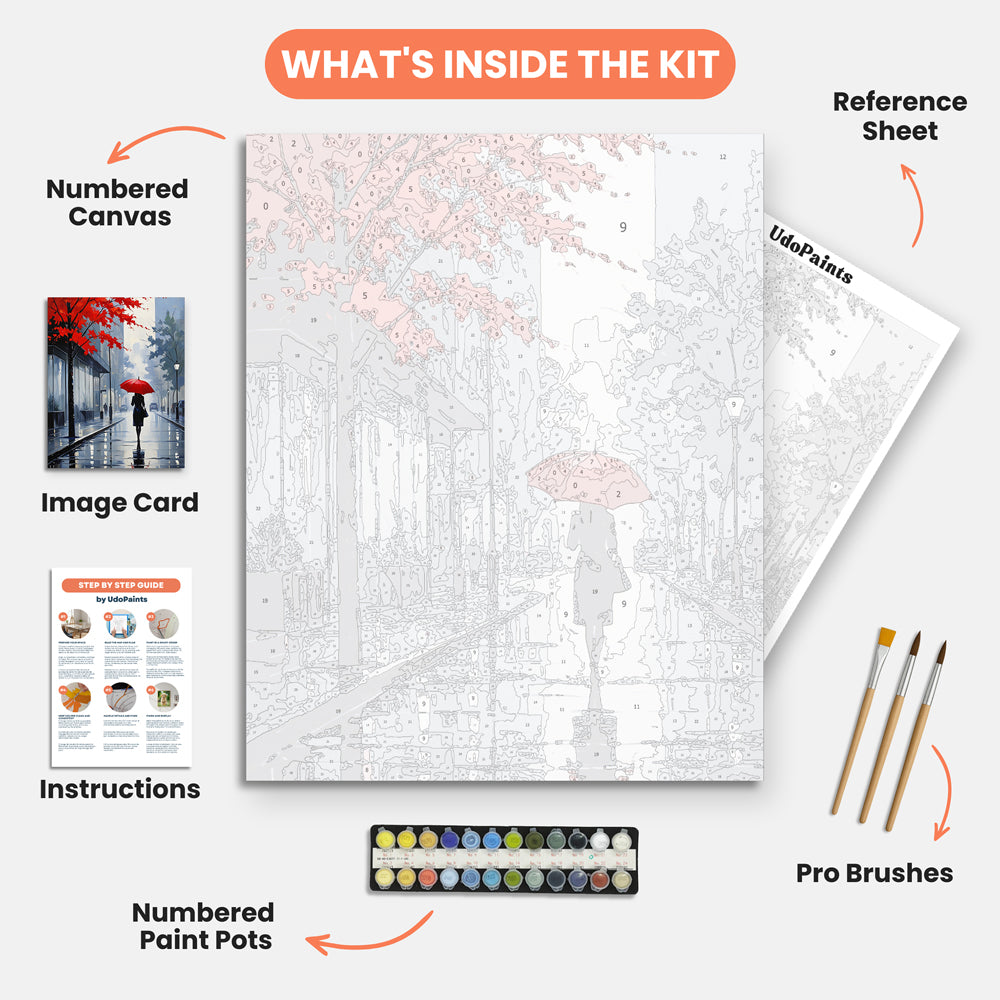 Autumn's Solitude Paint by Numbers Kit – includes numbered canvas, paint pots, brushes, and instructions