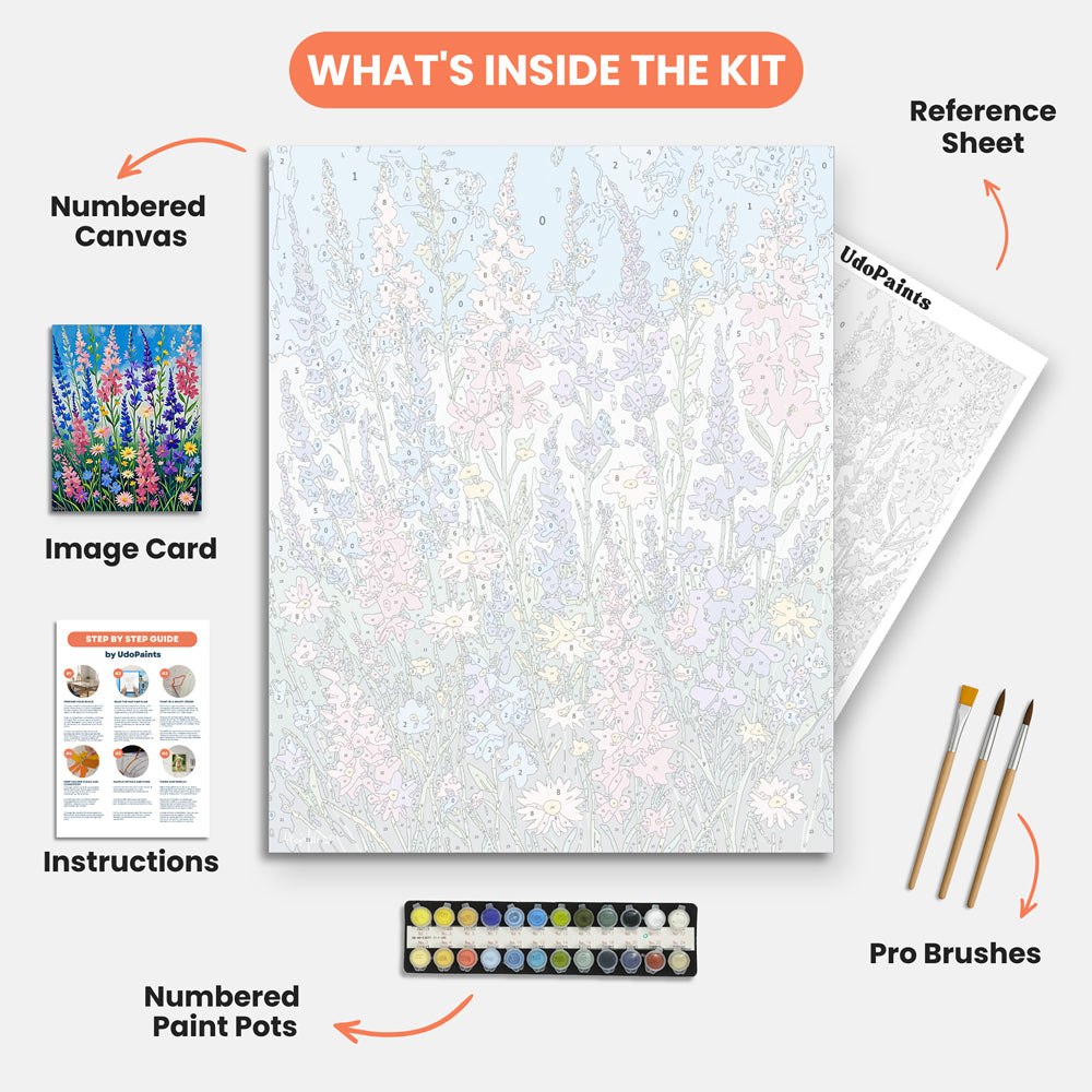 Wildflower Symphony Paint by Numbers Kit – includes numbered canvas, paint pots, brushes, and instructions