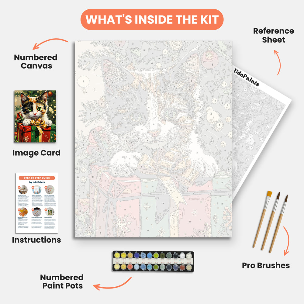 Festive Kitten Surprise Paint by Numbers Kit – includes numbered canvas, paint pots, brushes, and instructions