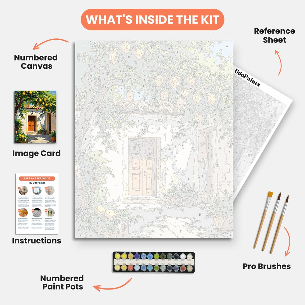 Lemon Courtyard Paint by Numbers Kit – includes numbered canvas, paint pots, brushes, and instructions