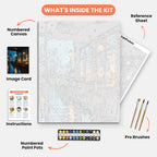 Rainy Urban Night Paint by Numbers Kit – includes numbered canvas, paint pots, brushes, and instructions