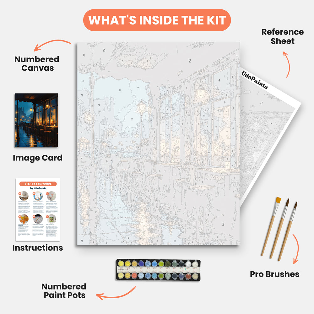Rainy Urban Night Paint by Numbers Kit – includes numbered canvas, paint pots, brushes, and instructions