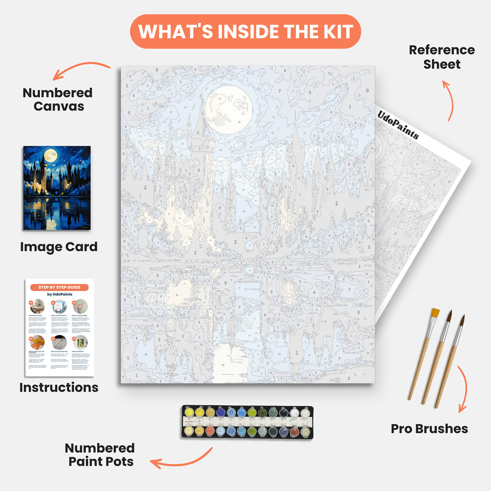 Moonlit Castle Paint by Numbers Kit – includes numbered canvas, paint pots, brushes, and instructions