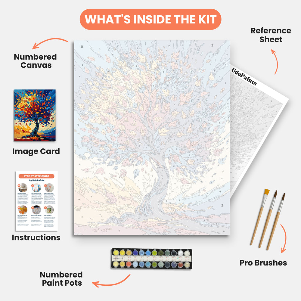 Vibrant Fantasy Tree Paint by Numbers Kit – includes numbered canvas, paint pots, brushes, and instructions