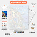 Mediterranean Escape Paint by Numbers Kit – includes numbered canvas, paint pots, brushes, and instructions