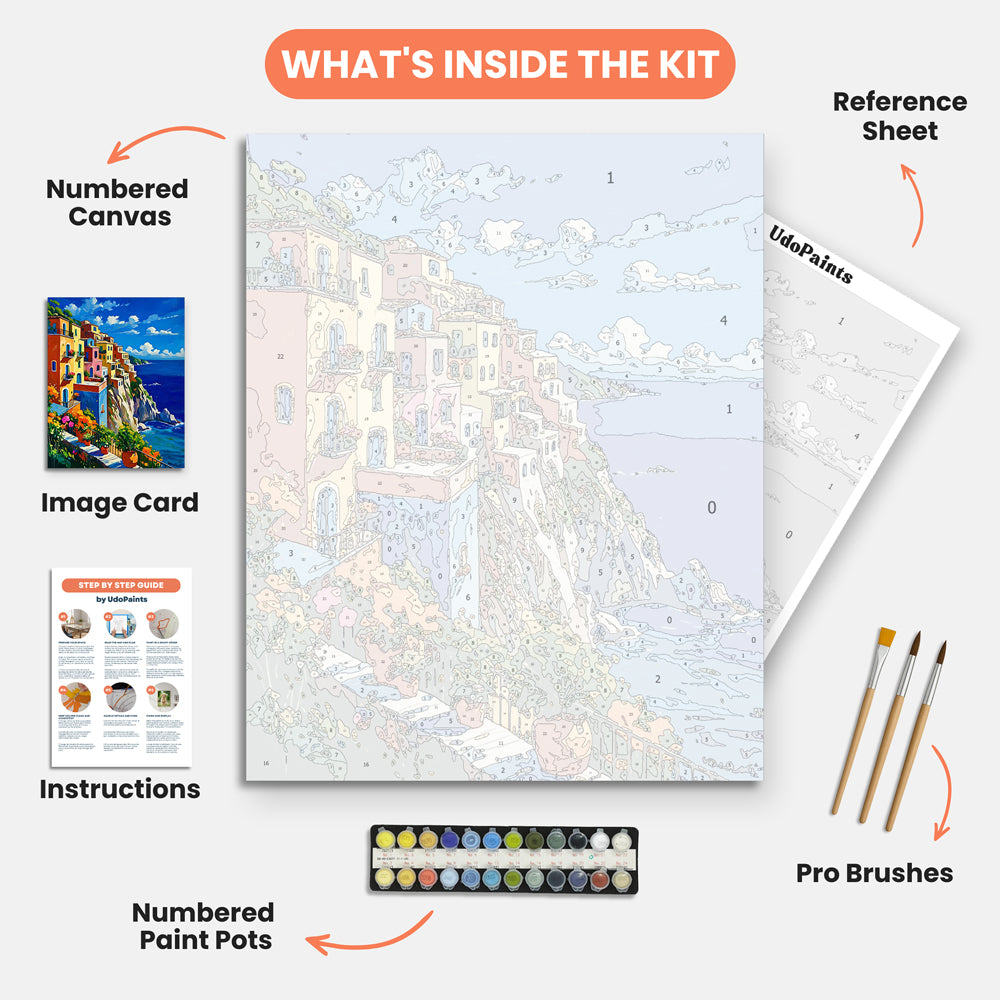 Mediterranean Escape Paint by Numbers Kit – includes numbered canvas, paint pots, brushes, and instructions