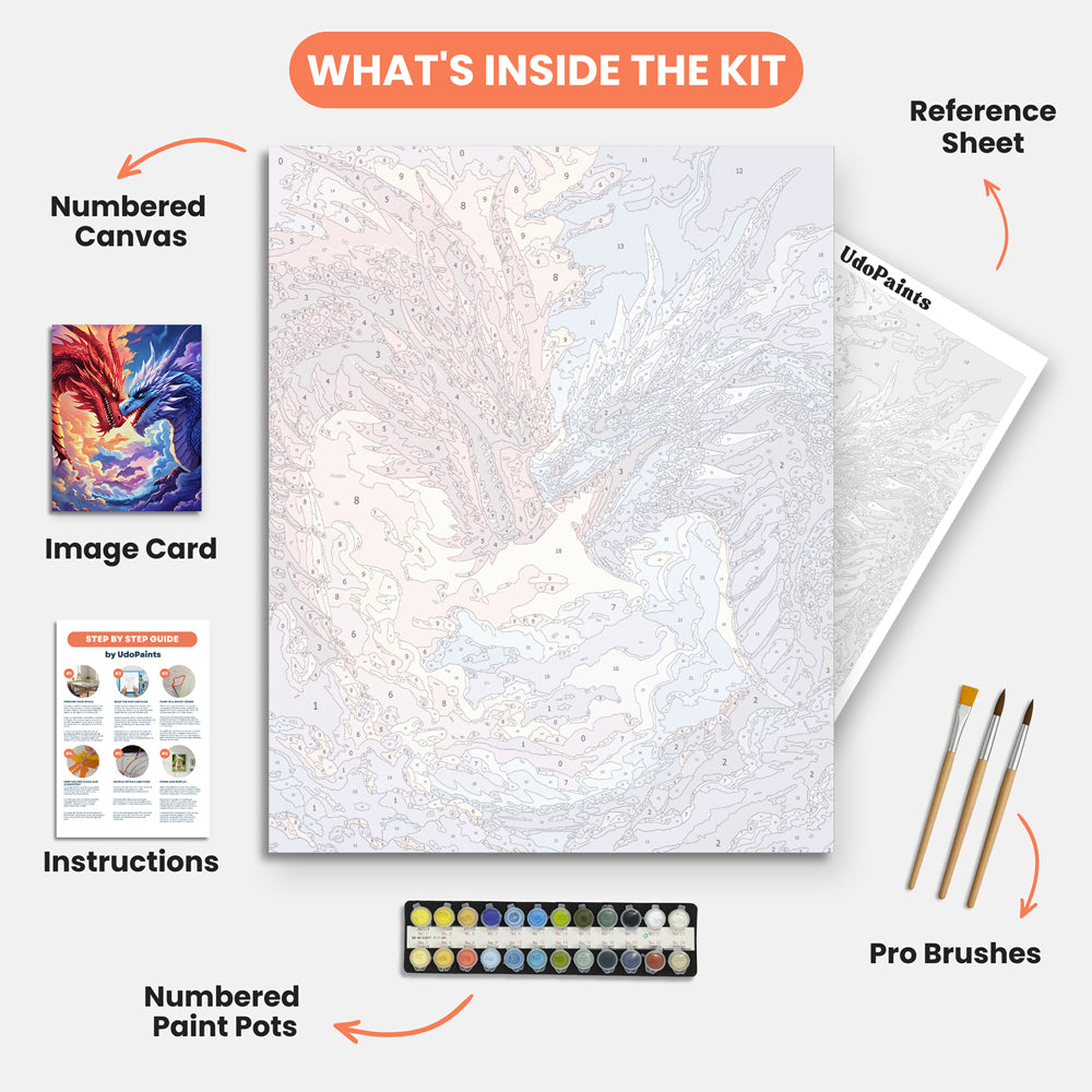 Fire and Ice Dragon Paint by Numbers Kit – includes numbered canvas, paint pots, brushes, and instructions