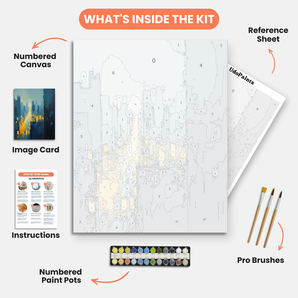 Urban Glow Paint by Numbers Kit – includes numbered canvas, paint pots, brushes, and instructions