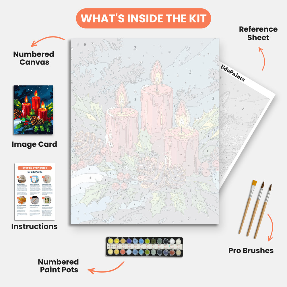 Festive Candlelight Paint by Numbers Kit – includes numbered canvas, paint pots, brushes, and instructions